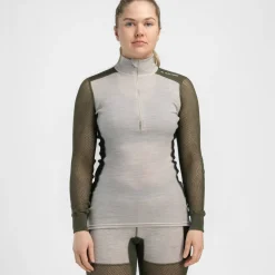 Aclima Women's WoolNet Hybrid Mock Neck Beige Melange/tarmac/jet Black