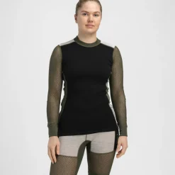 Aclima Women's WoolNet Hybrid Crew Neck Jet Black/Tarmac/Beige Melange