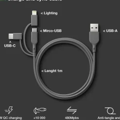 GP Batterier GP Essential Cable 3-in-1 USB-A To MicroUSB +USB-C + Lightning 1m Grey