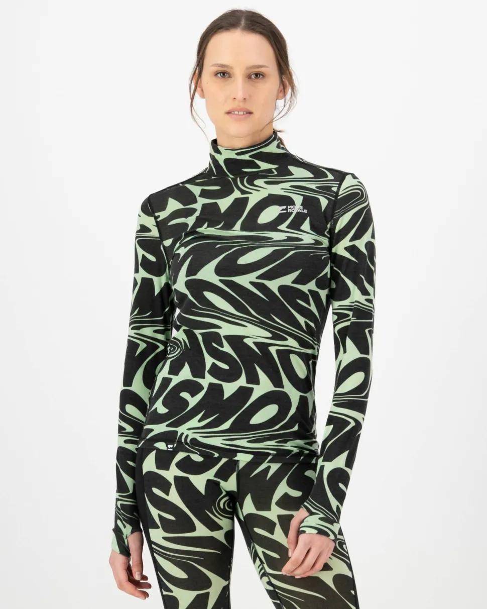 Mons Royale Women's Cascade Merino Base Layer Mock Neck Long Sleeve Signal Lost Matcha