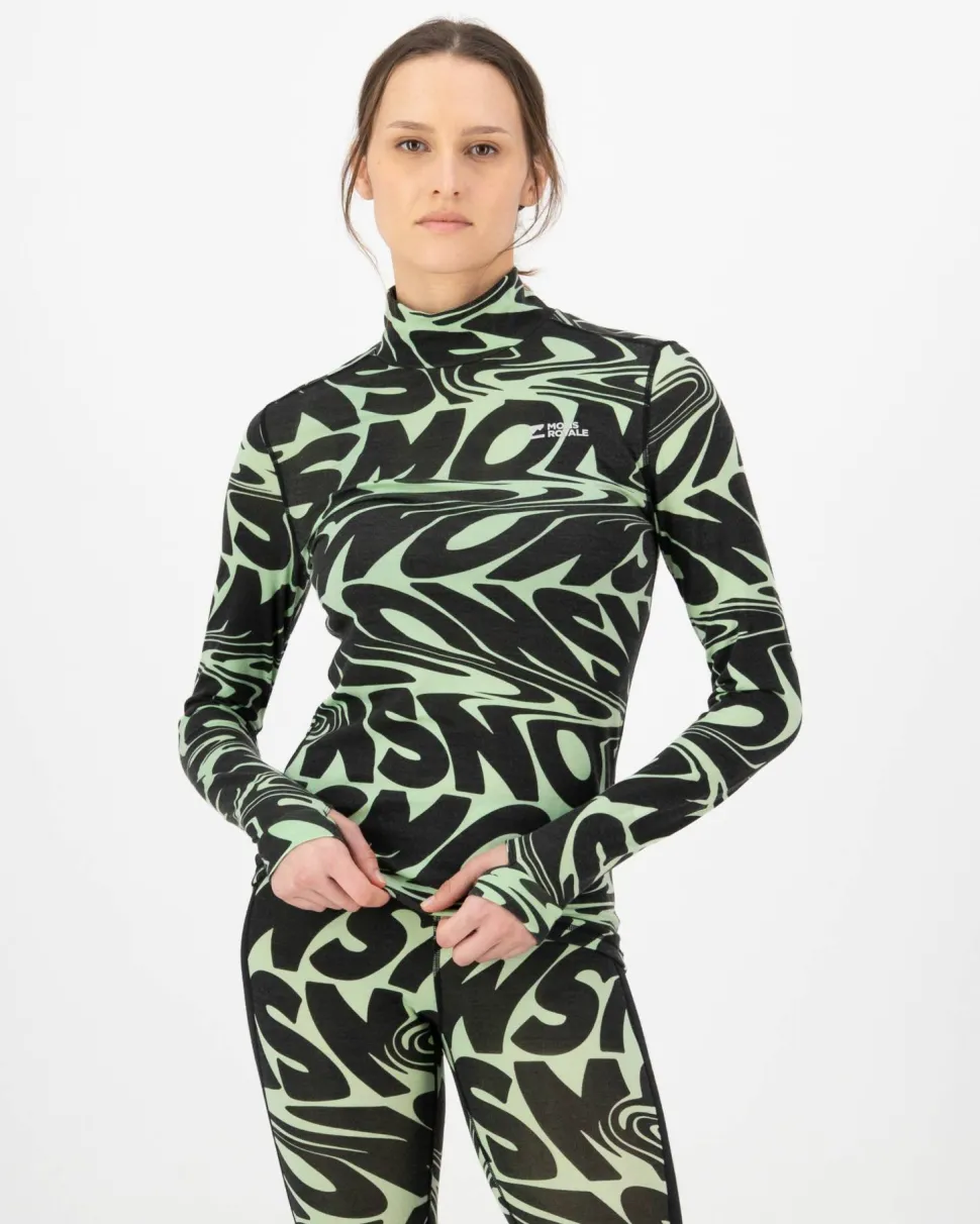 Mons Royale Women's Cascade Merino Base Layer Mock Neck Long Sleeve Signal Lost Matcha