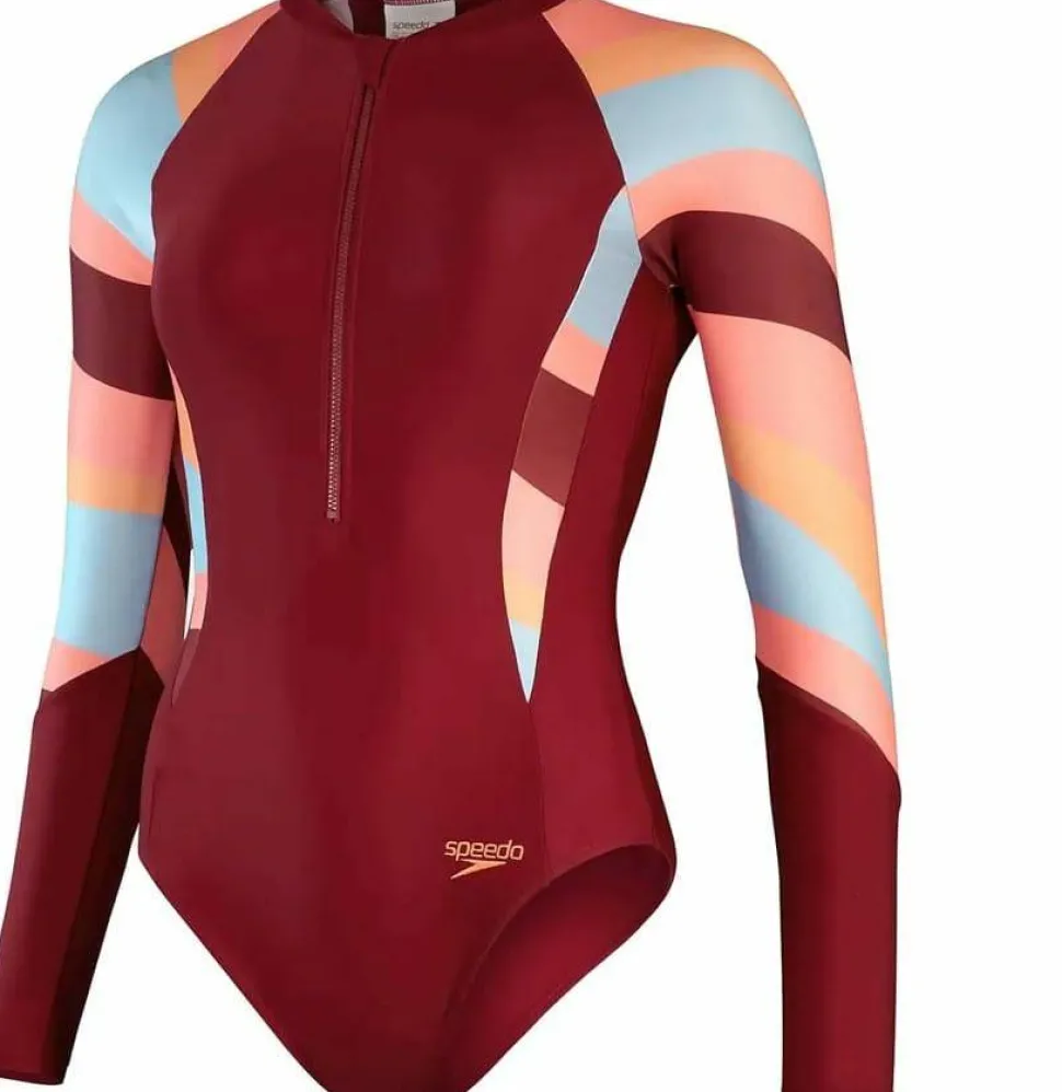 Speedo Women's Long Sleeve Swim Suit Oxblood/Coral